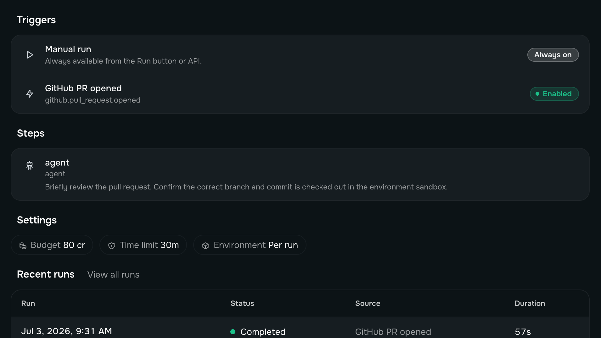 A Mobius loop: its triggers (manual and GitHub PR), the agent step it runs, its budget and time-limit settings, and its recent completed runs.