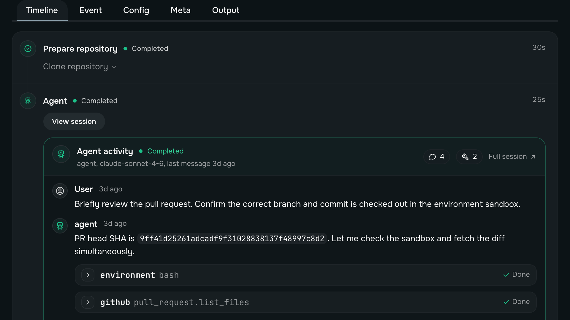 A live Mobius run: the step timeline and the agent's tool calls (a sandbox command and a GitHub pull-request lookup), each marked done.